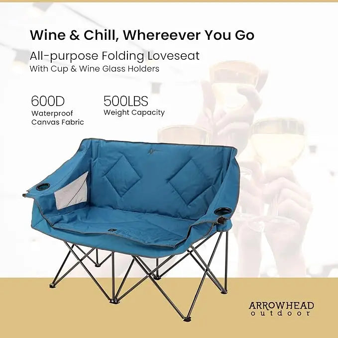 Portable Folding Camping Loveseat - 2 Cup Holders, Padded Seats, 500LB Capacity