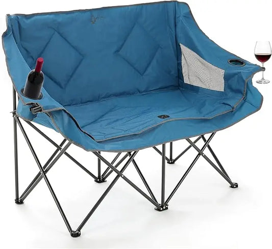 Portable Folding Camping Loveseat - 2 Cup Holders, Padded Seats, 500LB Capacity