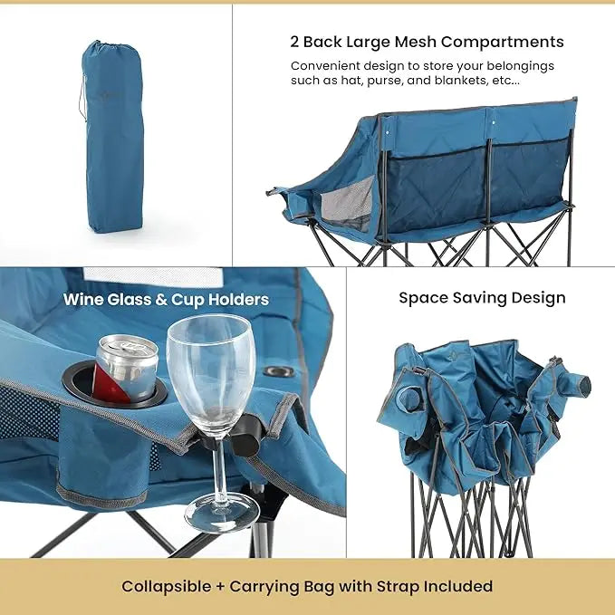Portable Folding Camping Loveseat - 2 Cup Holders, Padded Seats, 500LB Capacity