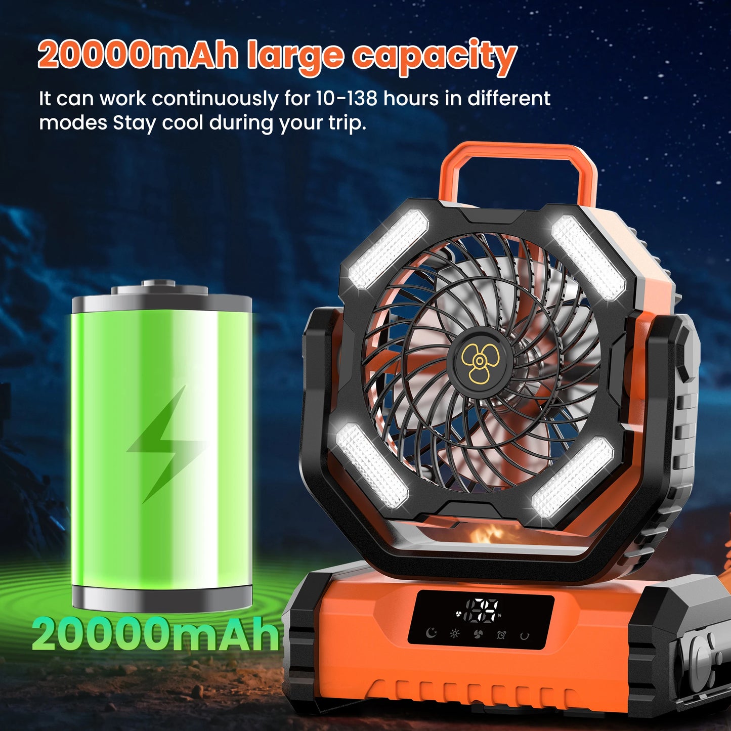 20000mAh Portable LED Camping Fan with Touch Control, 5-Speed USB Rechargeable,