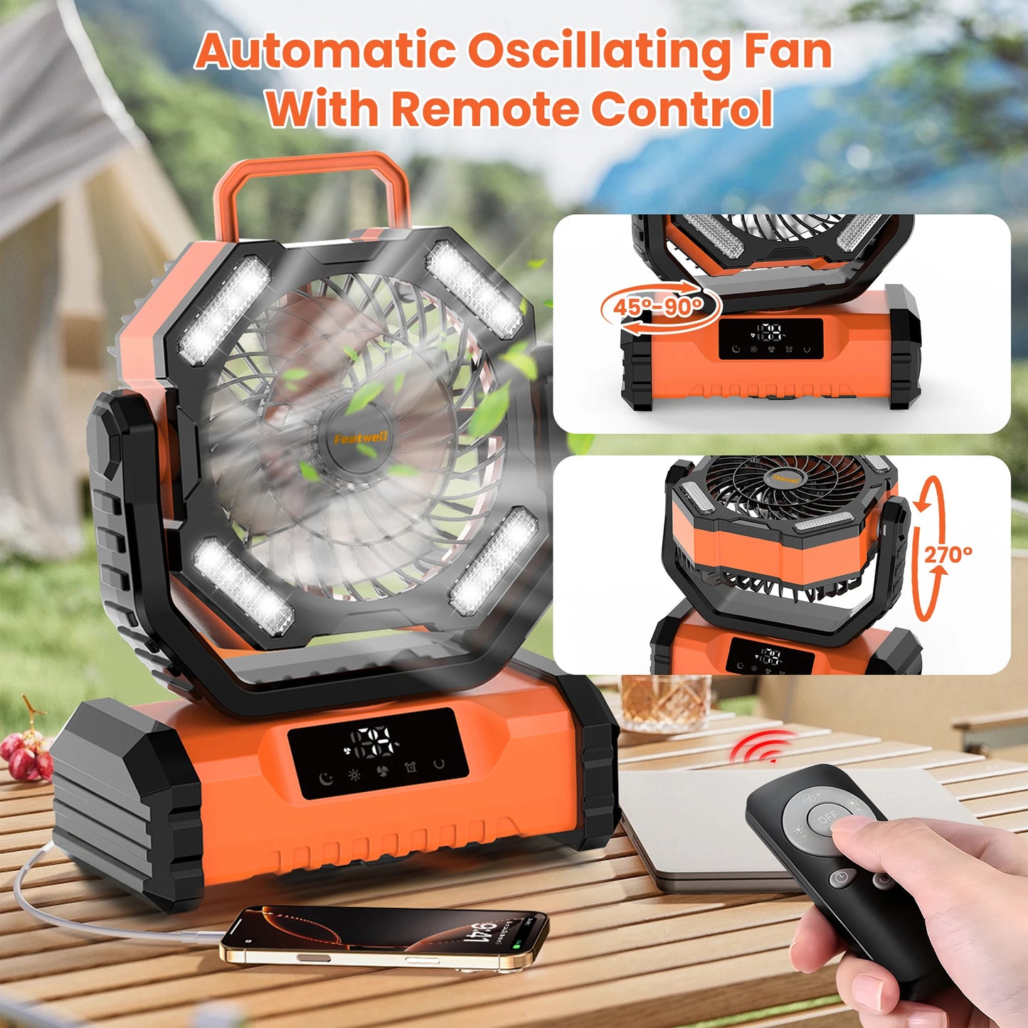 20000mAh Portable LED Camping Fan with Touch Control, 5-Speed USB Rechargeable,