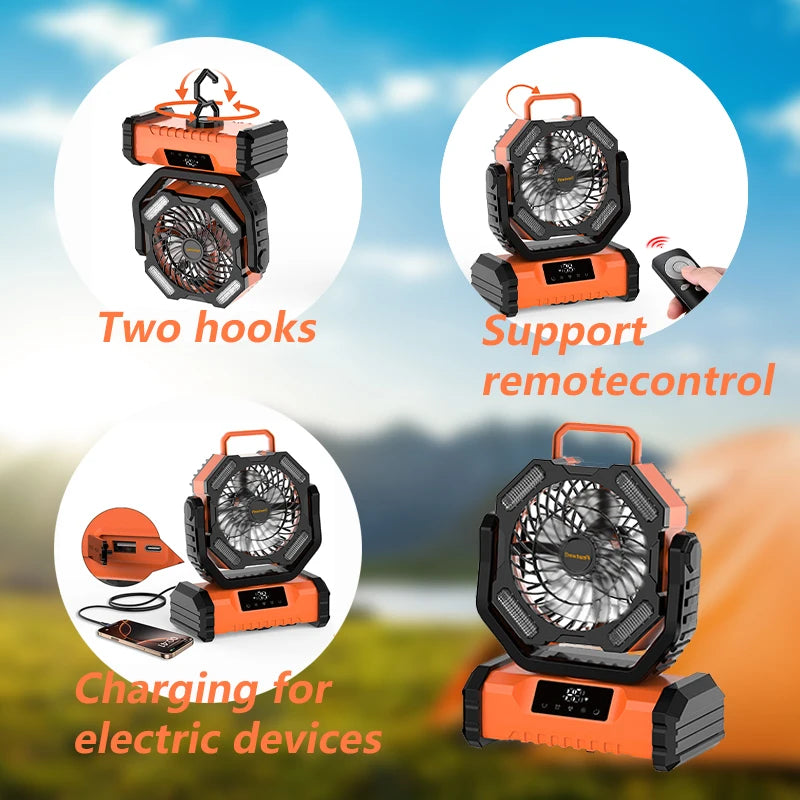 20000mAh Portable LED Camping Fan with Touch Control, 5-Speed USB Rechargeable,