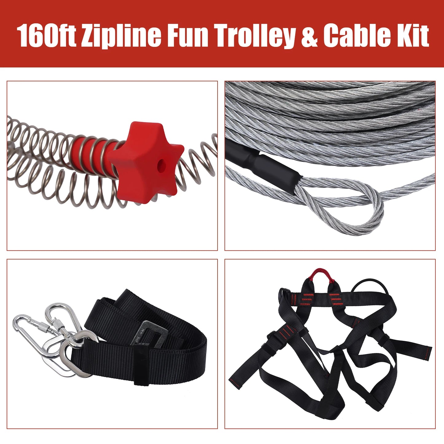 160FT Zipline Set with Stainless Steel Spring Brake & Seat for Exciting Outdoor Adventures
