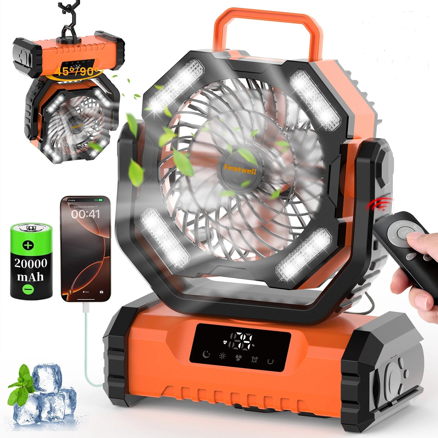 20000mAh Portable LED Camping Fan with Touch Control, 5-Speed USB Rechargeable,