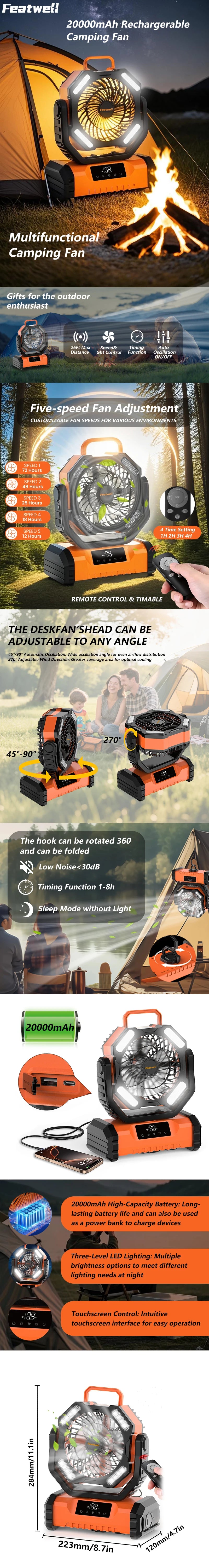 20000mAh Portable LED Camping Fan with Touch Control, 5-Speed USB Rechargeable,