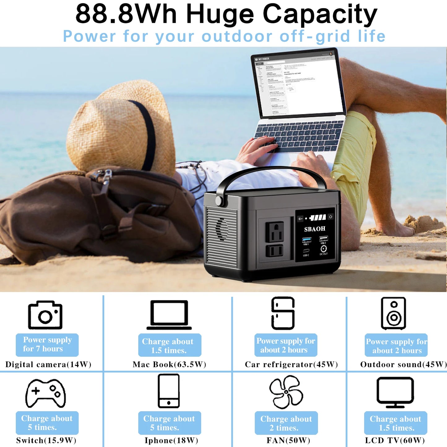 SBAOH Portable   88.8Wh, Power Station with 120W (peak 150W) AC Output ,Power Solar Generator for Outdoor RV