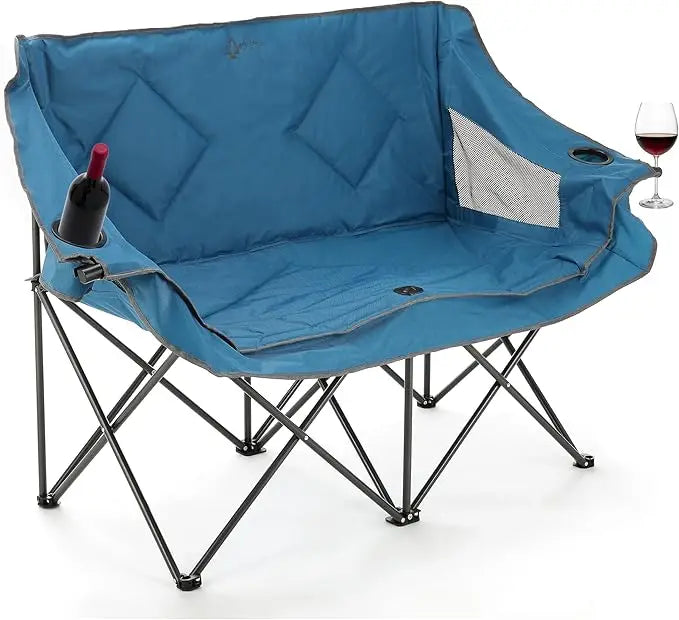 Portable Folding Camping Loveseat - 2 Cup Holders, Padded Seats, 500LB Capacity