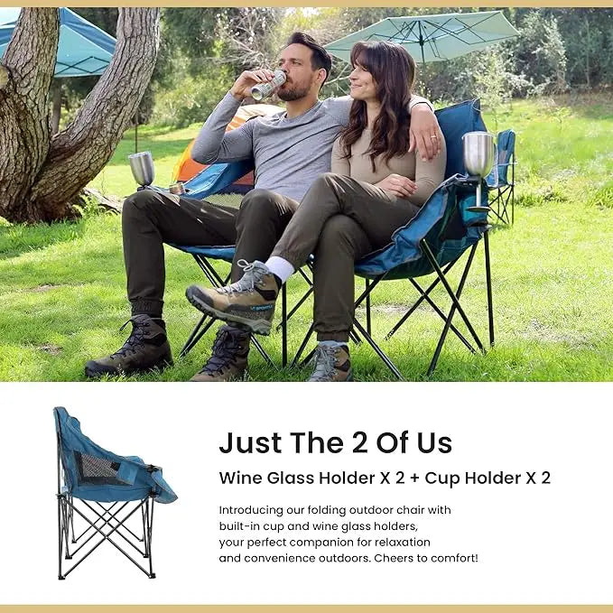 Portable Folding Camping Loveseat - 2 Cup Holders, Padded Seats, 500LB Capacity